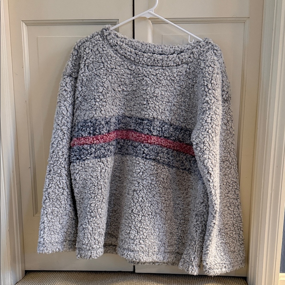 Cozy Gray Sherpa Pullover with Pink and Blue Stripes
